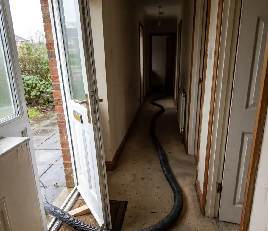 Extraction hose run through the front door of a flooded Spring Hill home