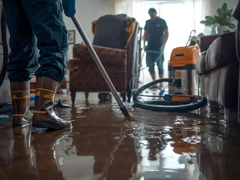 Crew extracting standing water from a flooded living room