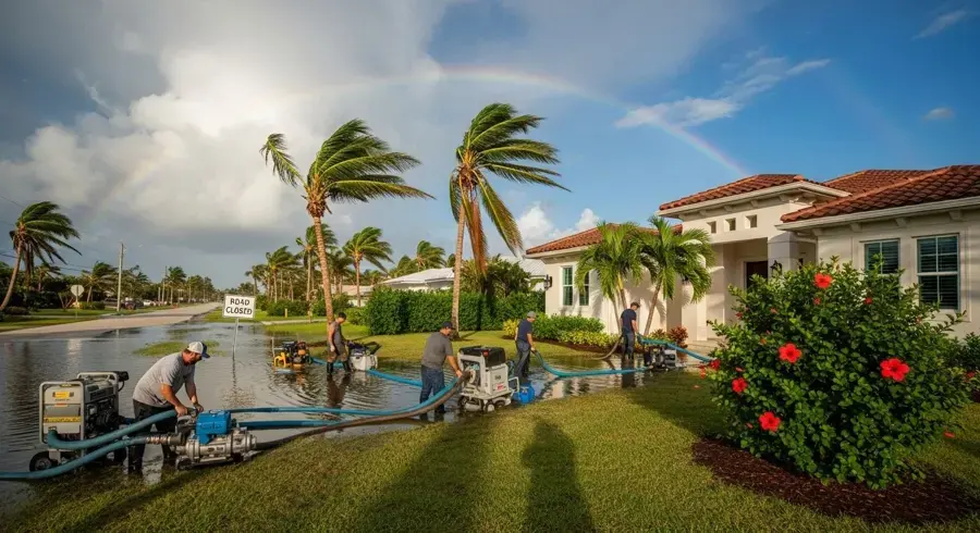 Pumps and hoses clearing storm water outside a Florida home