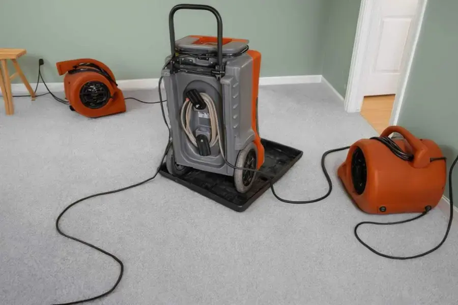 Dehumidifier and air movers drying wet carpet