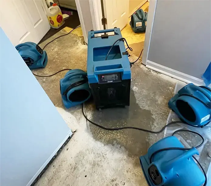 Air movers and a dehumidifier drying a bare concrete slab