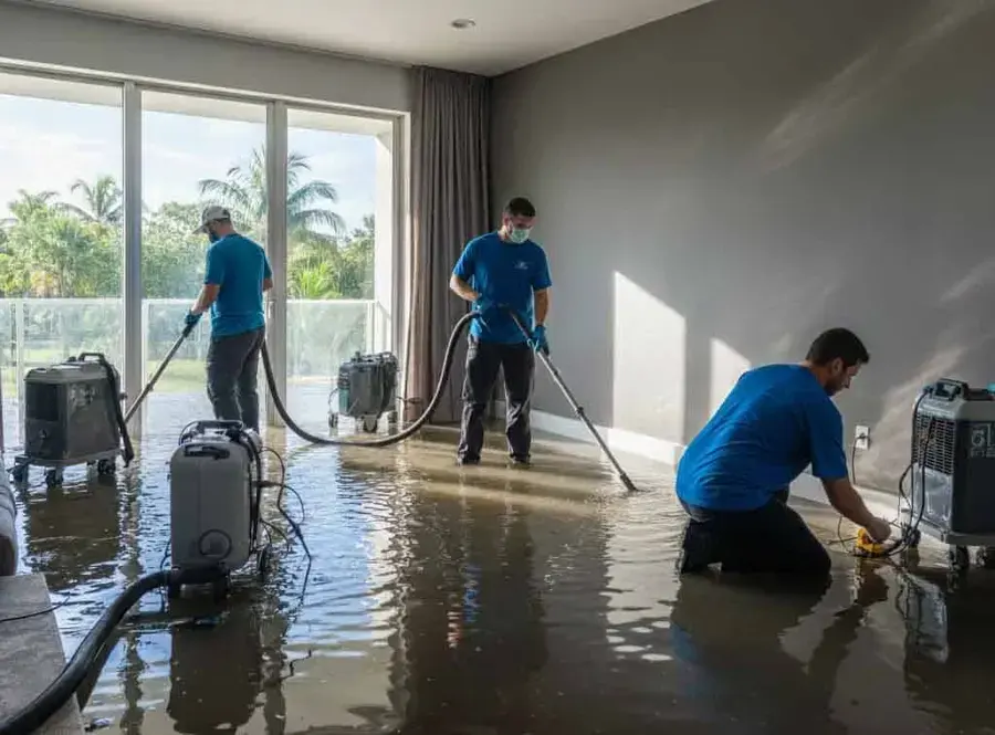 Restoration crew extracting standing water from a flooded Florida living room