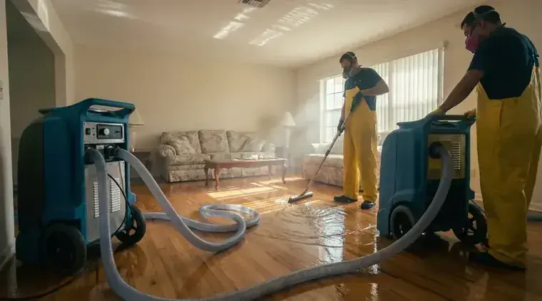 Crew in waders extracting water with portable extractors in a Spring Hill living room