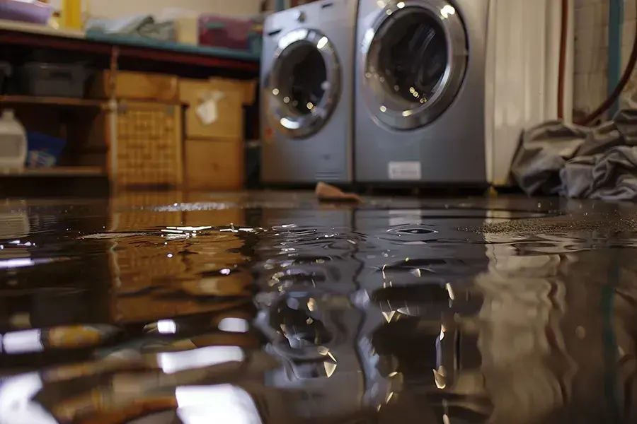 Standing water across a laundry room floor in front of a washer and dryer