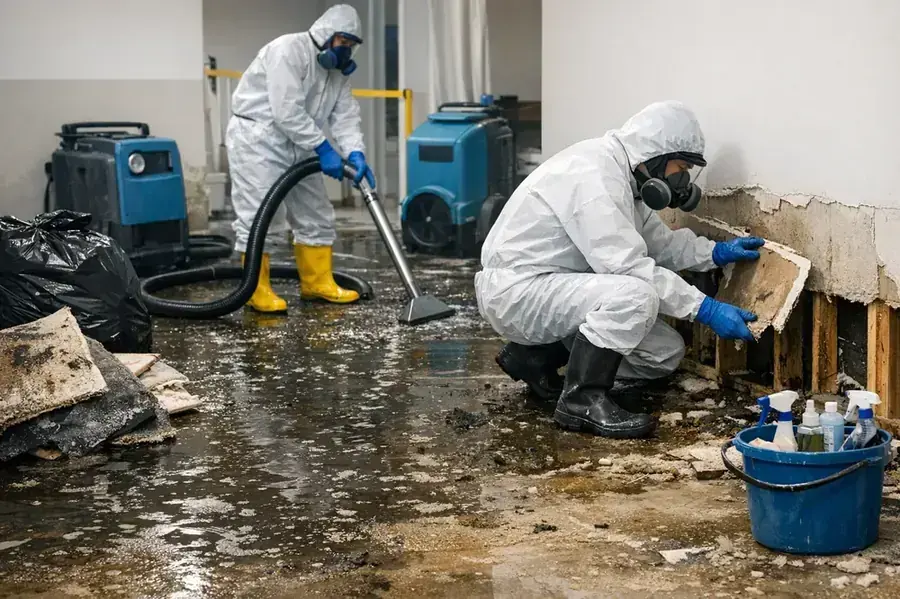 Crew in protective suits extracting a sewage backup and removing wet drywall