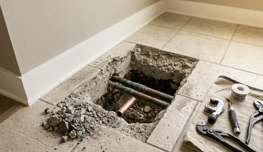 Slab opened to reach a leaking copper line under a Spring Hill tile floor