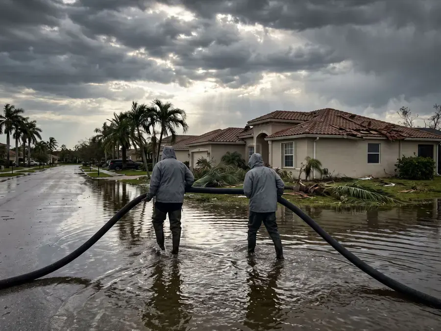 Crew pulling pump hoses through a flooded Florida street after a storm