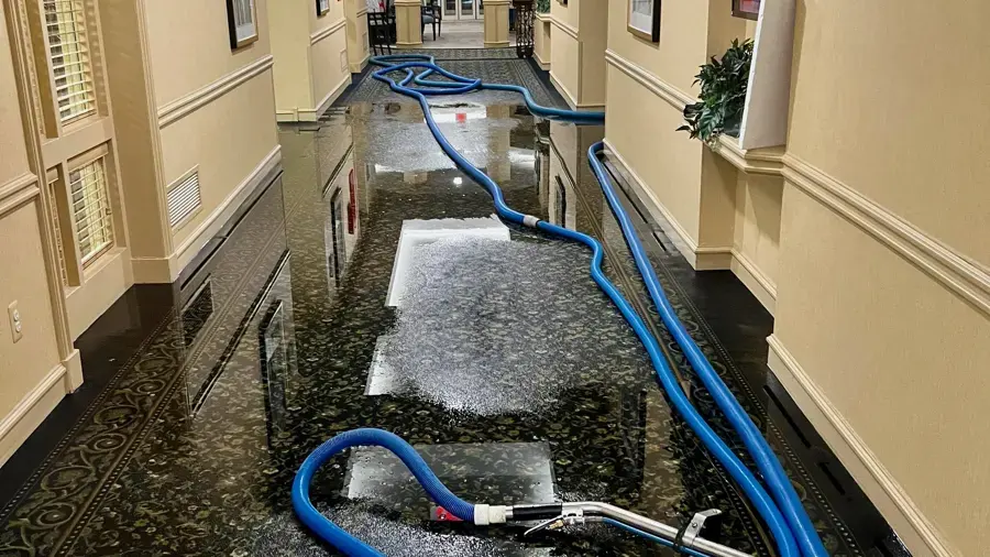Extraction hoses pulling standing water out of a flooded Spring Hill hallway