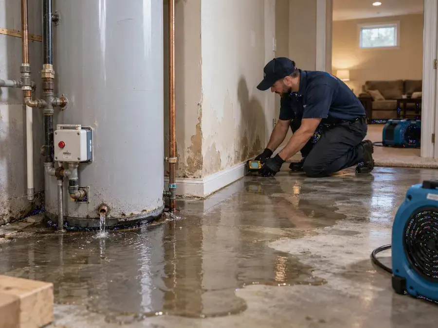 Leaking water heater with water spread across the floor and an air mover set